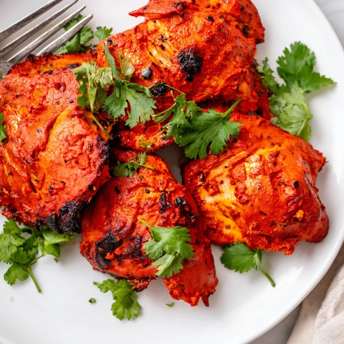 Spiced yogurt marinated chicken thighs arranged on baking tray with vibrant red-orange coating