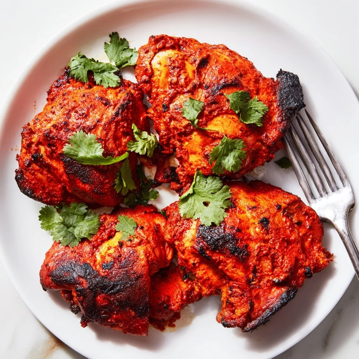 Golden roasted Tandoori Chicken pieces with charred edges resting on a metal rack