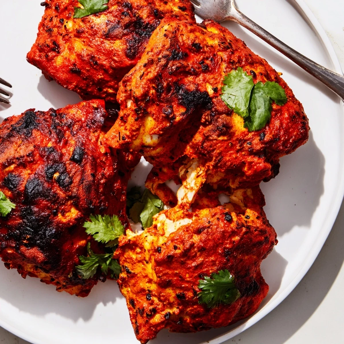 Tandoori Chicken garnished with fresh green cilantro leaves alongside bright lemon wedges on plate