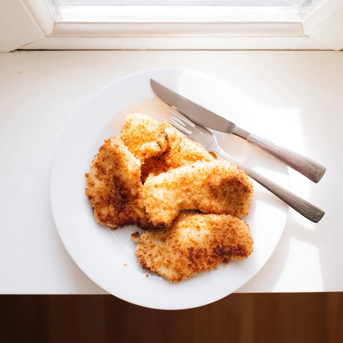 Juicy fried chicken breast served with mashed potatoes and creamy coleslaw side