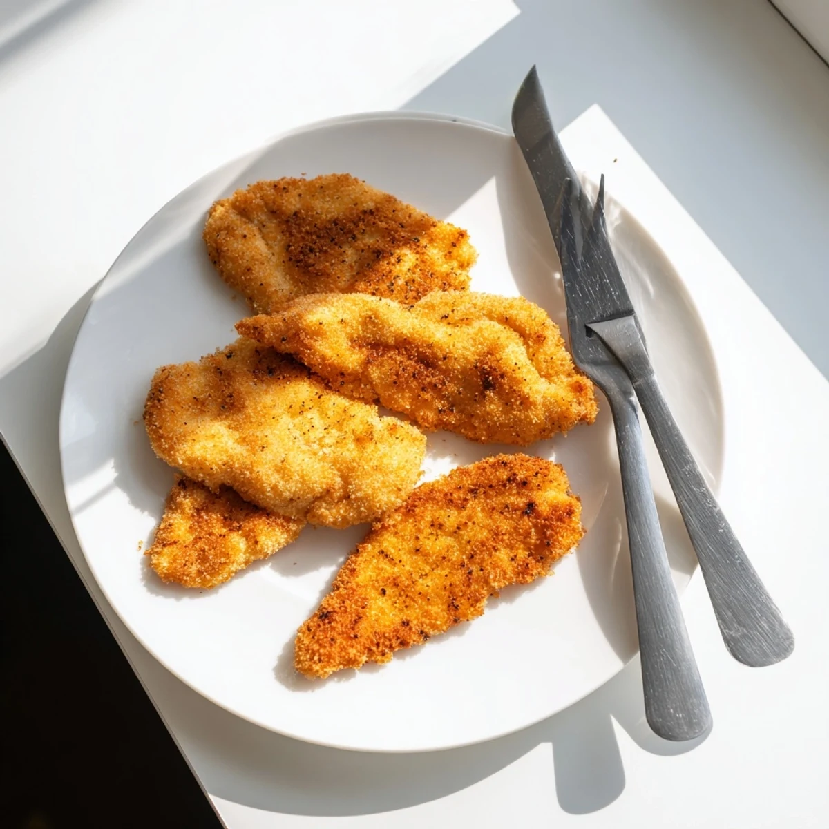 Golden brown fried chicken breast with crispy breadcrumb coating on white plate