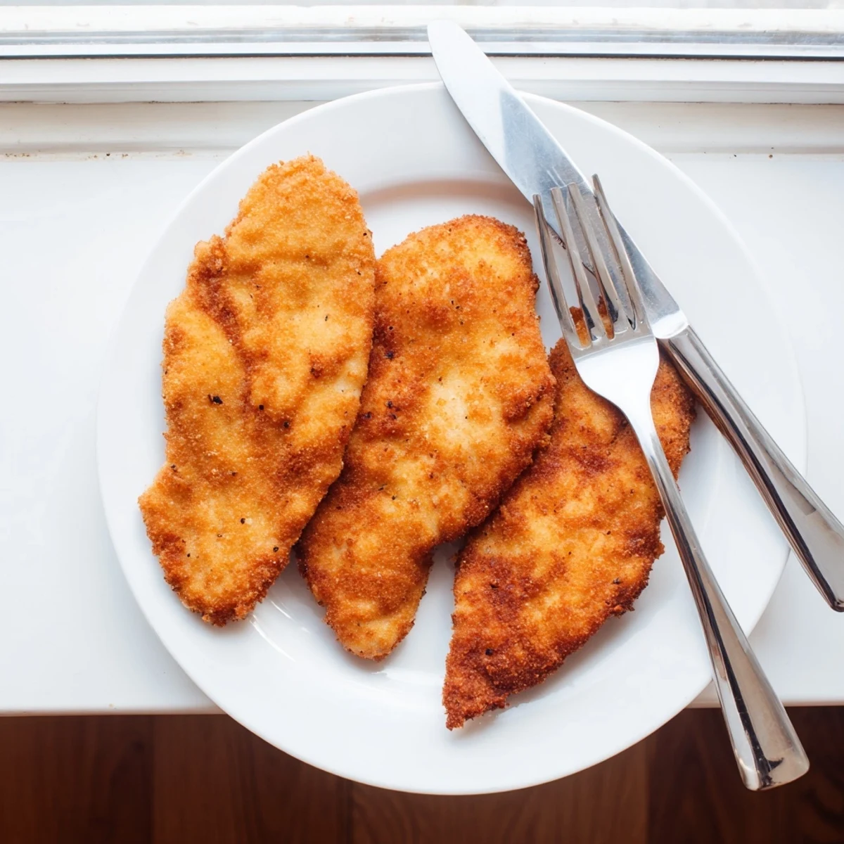 Crispy fried chicken breast resting on paper towel after frying to golden perfection