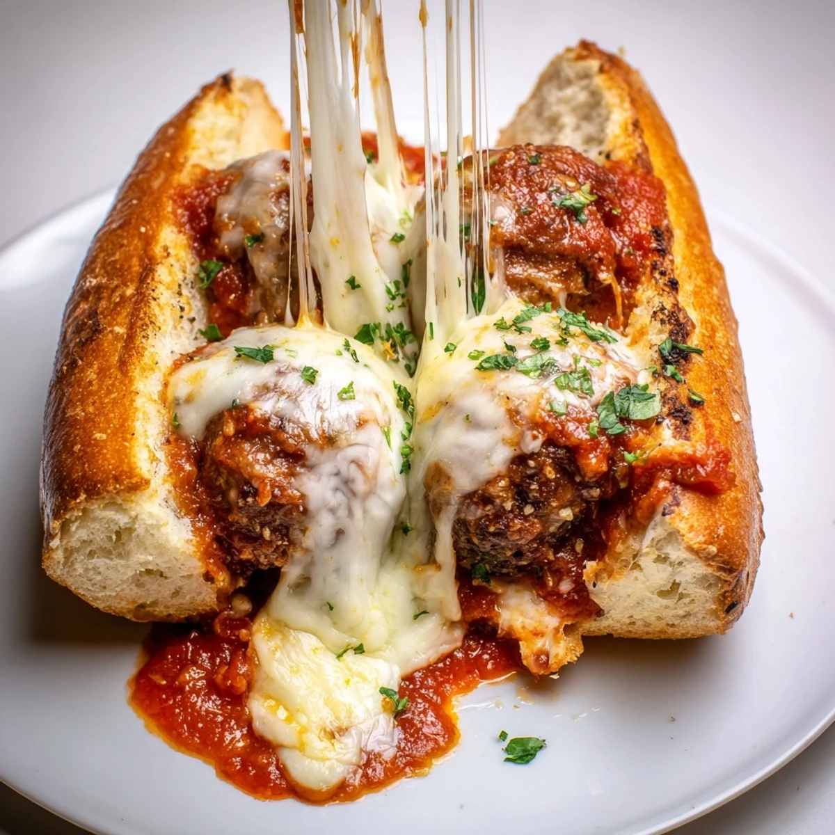 Homemade cheesy meatball subs featuring tender beef meatballs smothered in marinara on garlic butter rolls