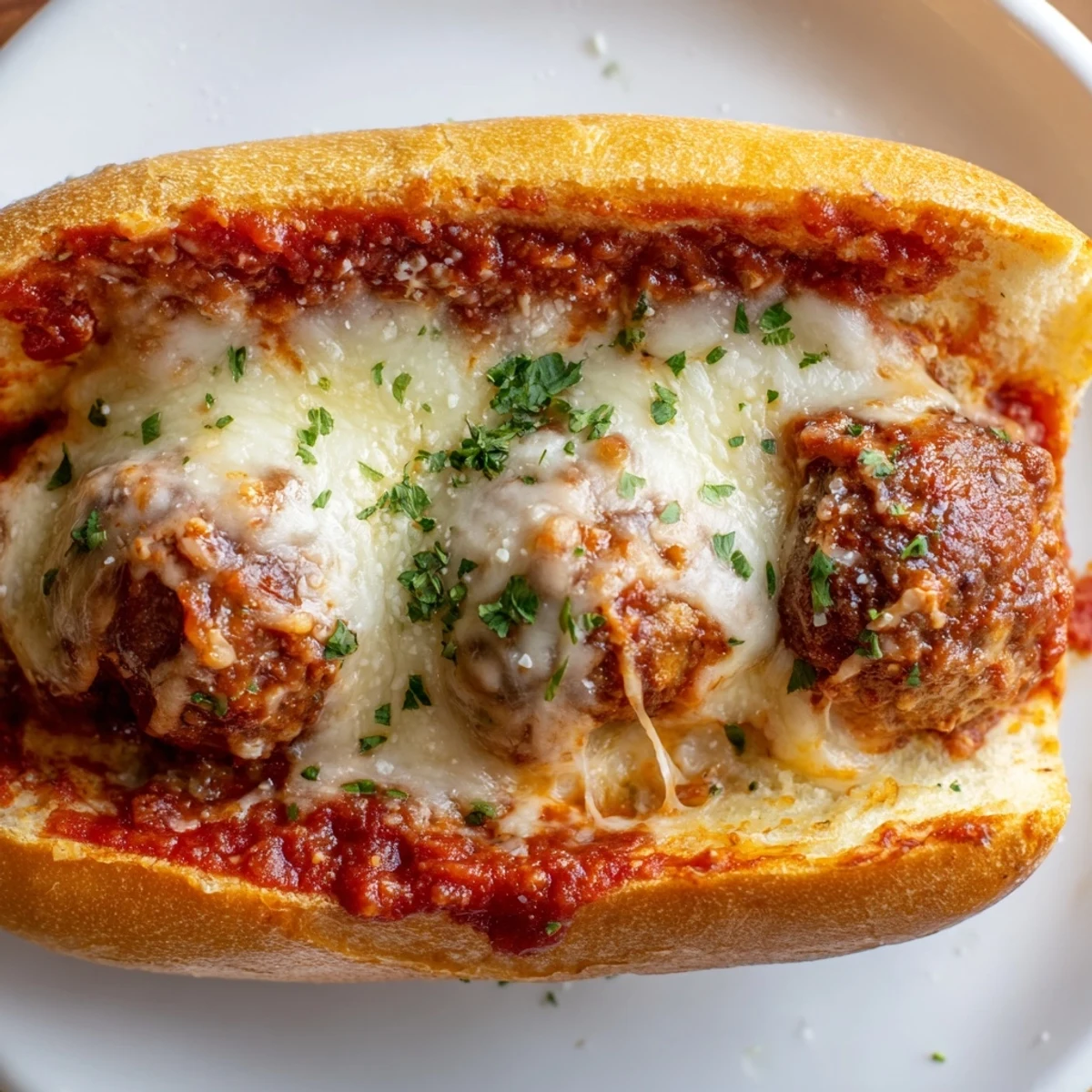 Mouthwatering meatball sub sandwich overflowing with melted mozzarella and savory tomato-covered meatballs