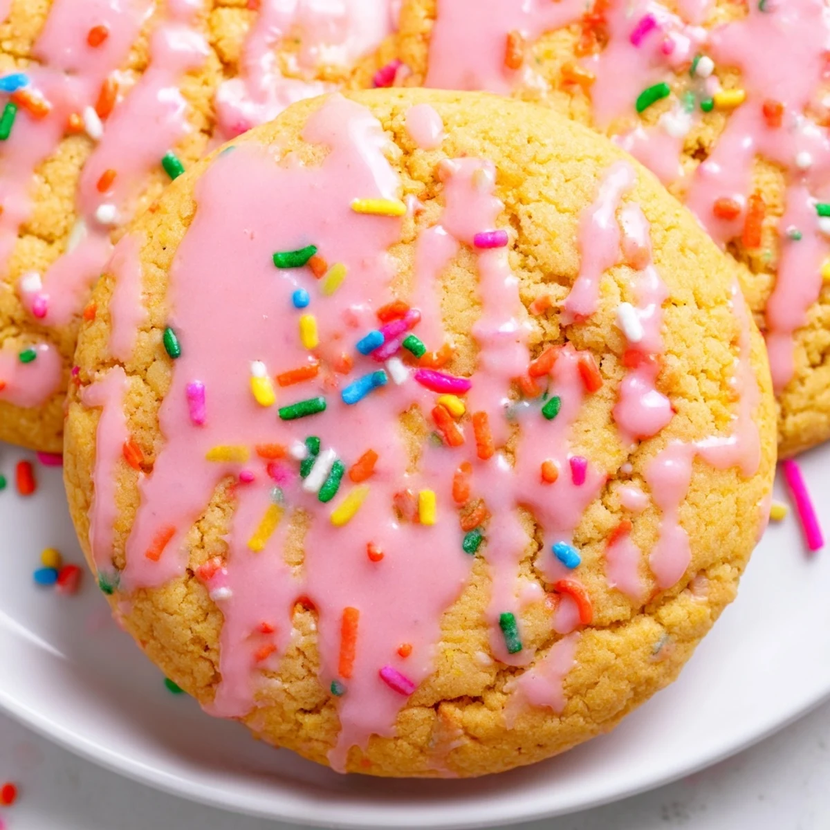 Golden strawberry Pop Tart cookies drizzled with pink vanilla glaze and colorful sprinkles on a white plate.