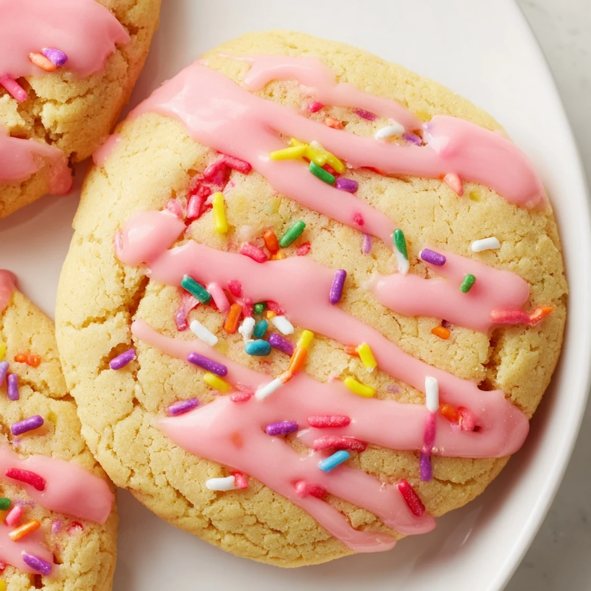 Freshly baked buttery strawberry Pop Tart cookies with a glossy pink glaze and festive sprinkles on a cooling rack.