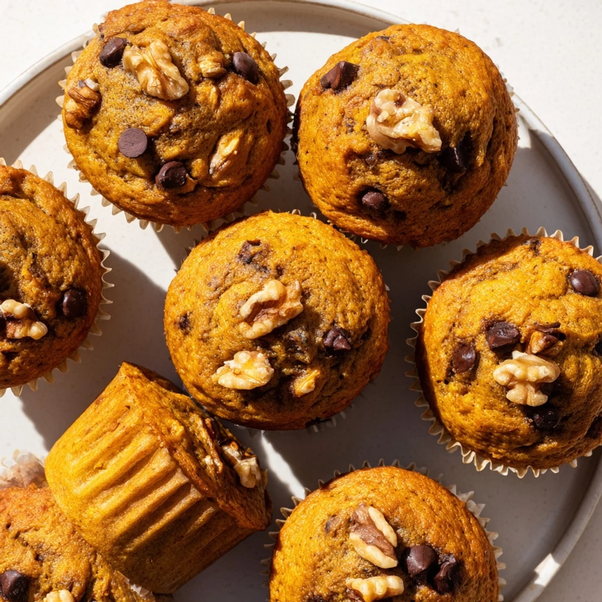 Golden butternut squash banana muffins topped with chopped walnuts on a wire cooling rack