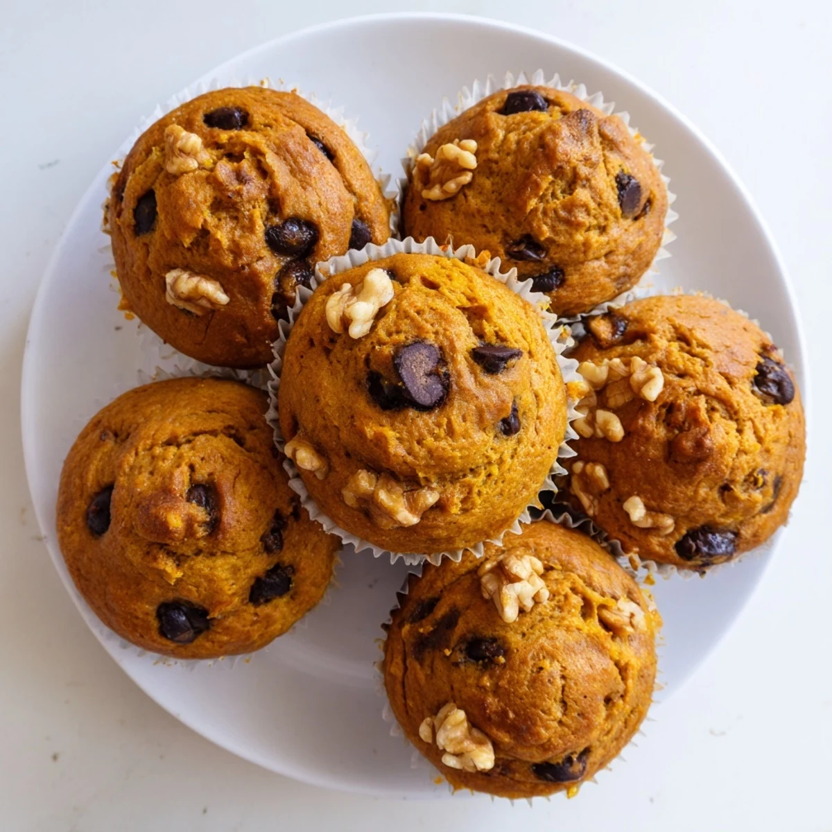 Freshly baked butternut squash banana muffins with chocolate chips, served on a rustic wooden board