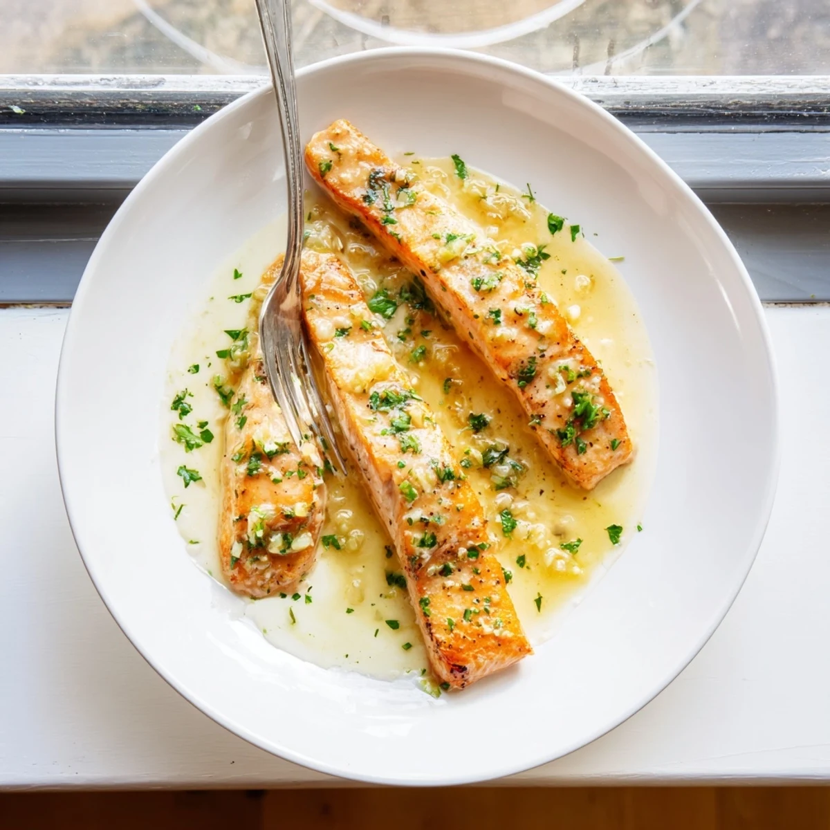 Golden brown salmon with lemon cream sauce topped with fresh parsley and black pepper