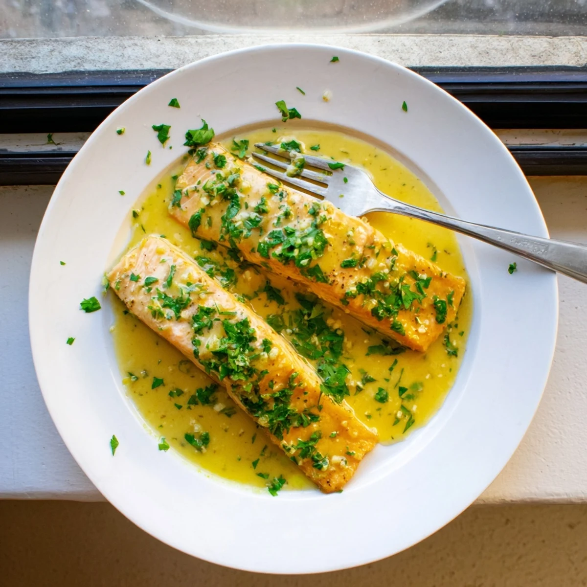 Pan-seared salmon fillet drizzled with creamy lemon garlic sauce on a white plate