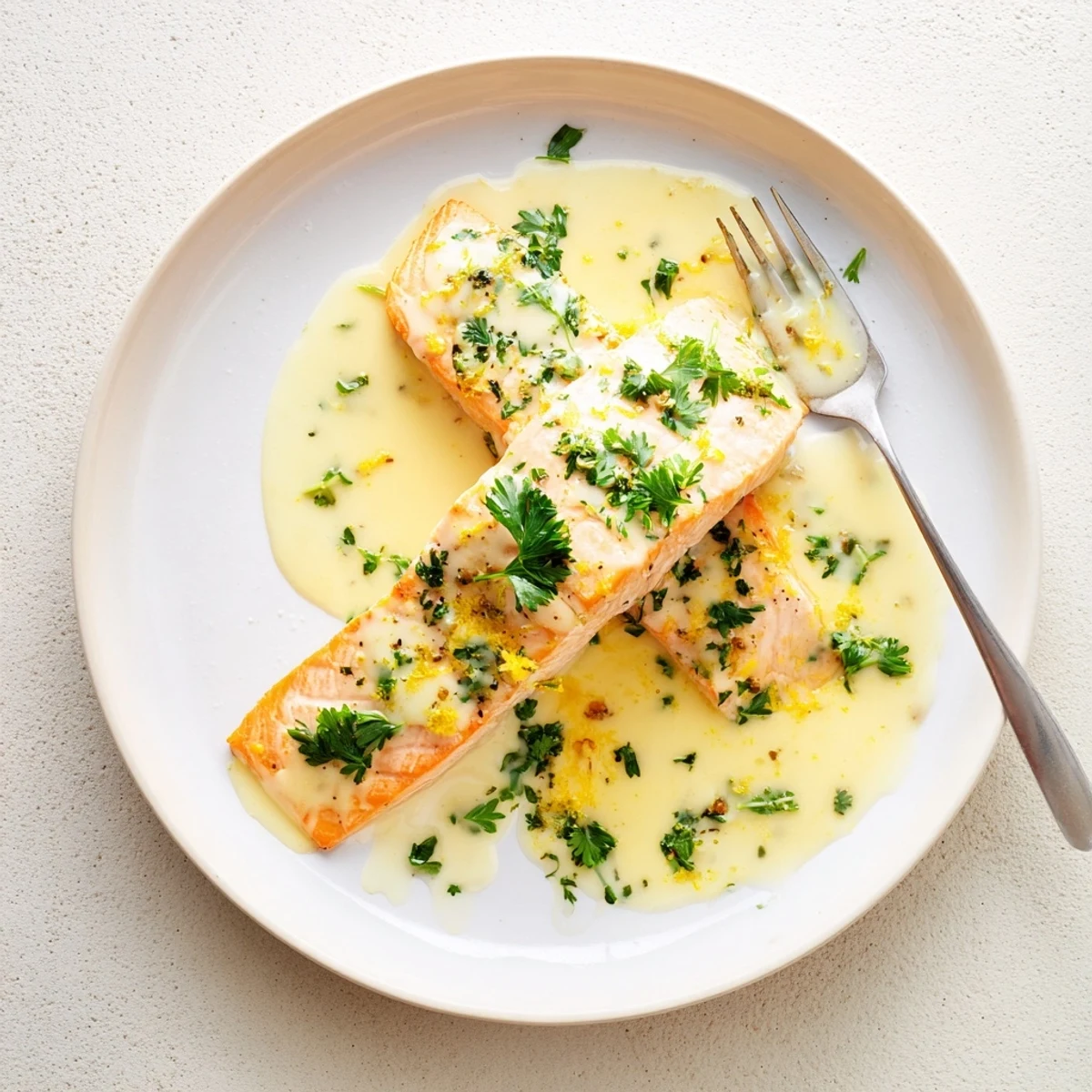 Succulent salmon fillet in rich lemon cream sauce served over steamed white rice