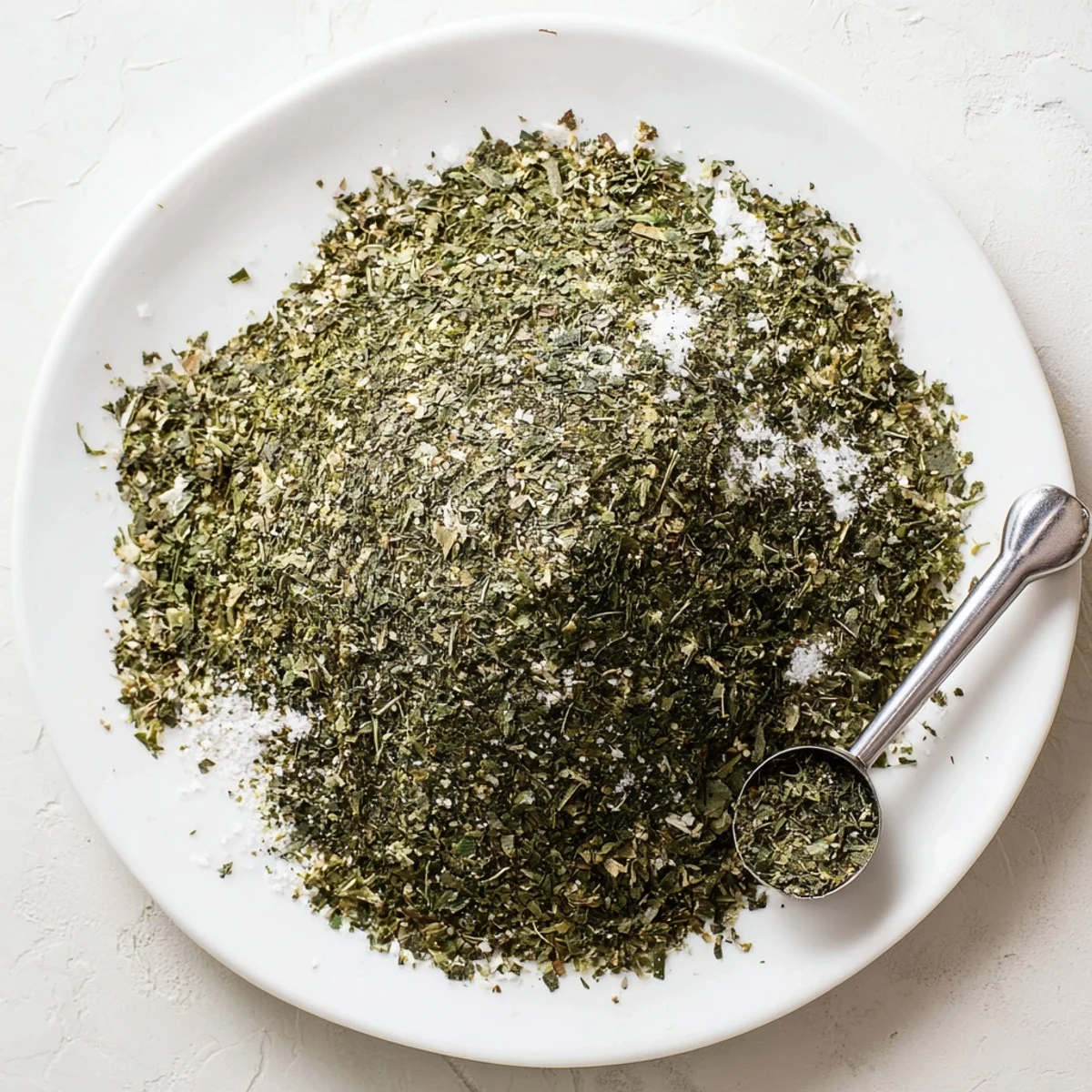 Golden homemade dehydrated tzatziki seasoning mix in glass jar with dried green herbs and garlic powder