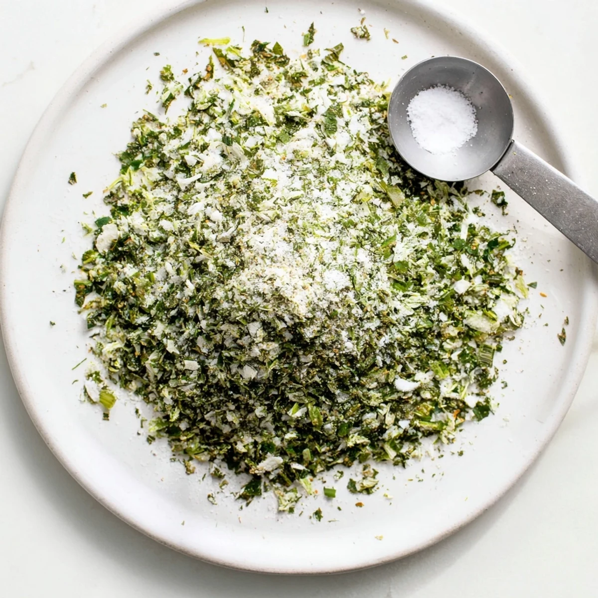 Close up of homemade tzatziki seasoning mix with dried dill mint measuring spoons on wooden cutting board