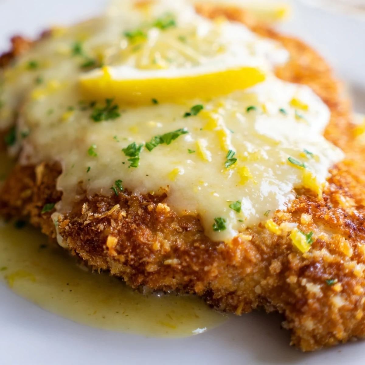 Golden brown Lemon Chicken Romano cutlets drizzled with tangy lemon garlic sauce and fresh parsley.