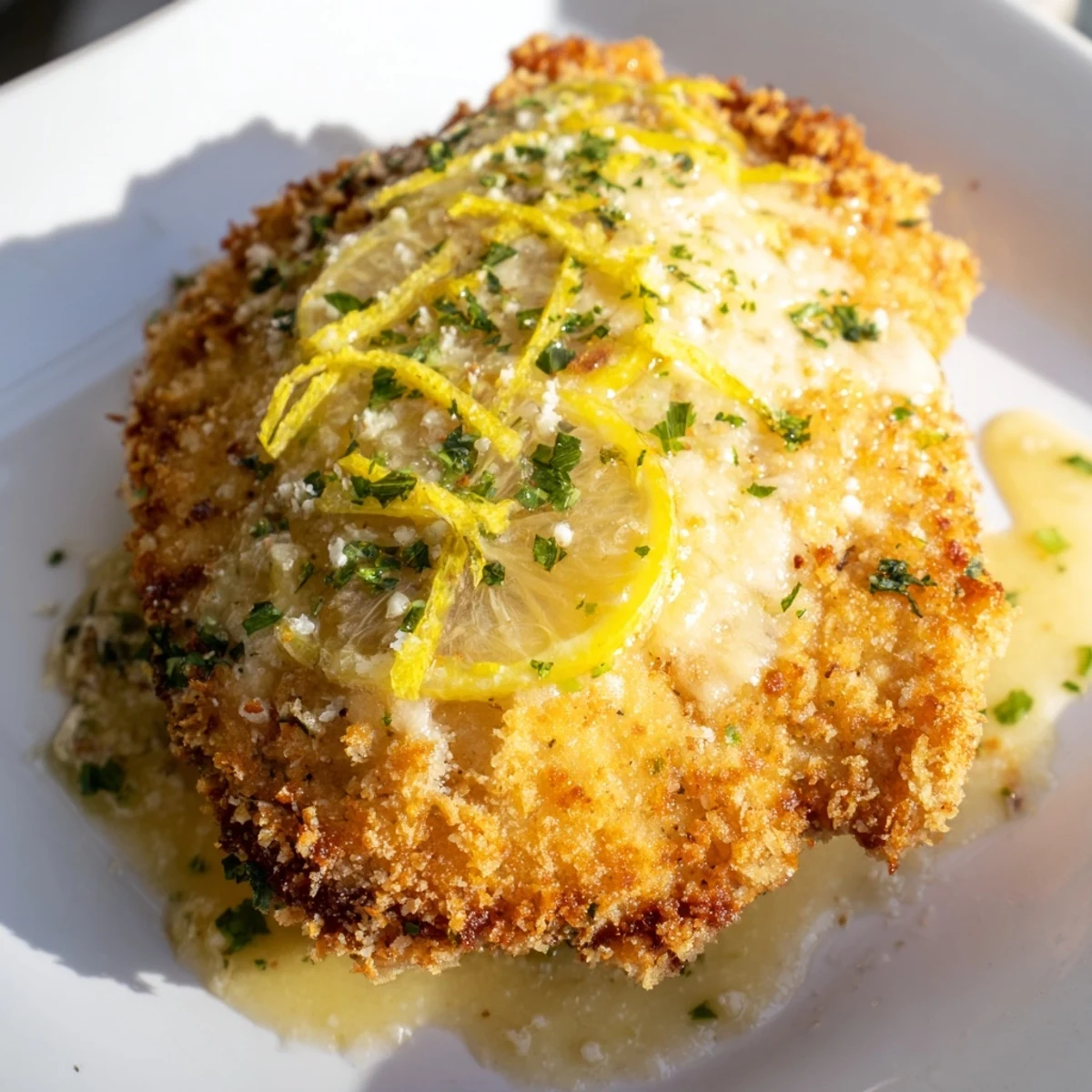 Crispy Romano crusted chicken breasts served on a white plate with zesty lemon butter sauce.