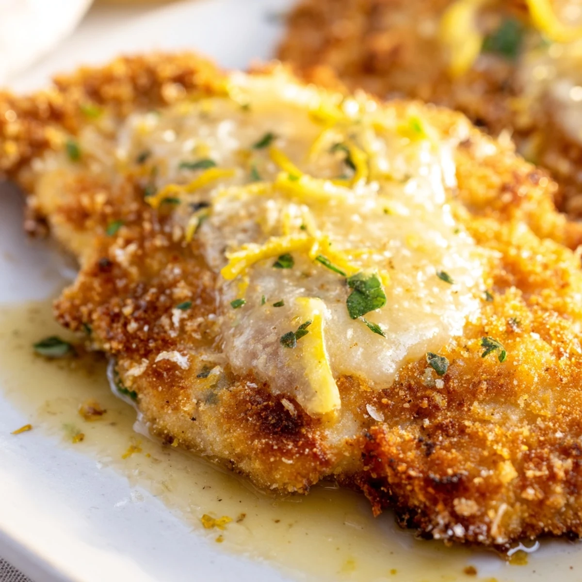 Savory lemon garlic chicken with golden breadcrumb coating finished with light pan sauce and herbs.