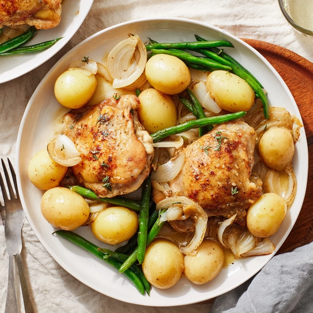 Golden chicken thighs nestled with baby potatoes and crisp green beans in a slow cooker
