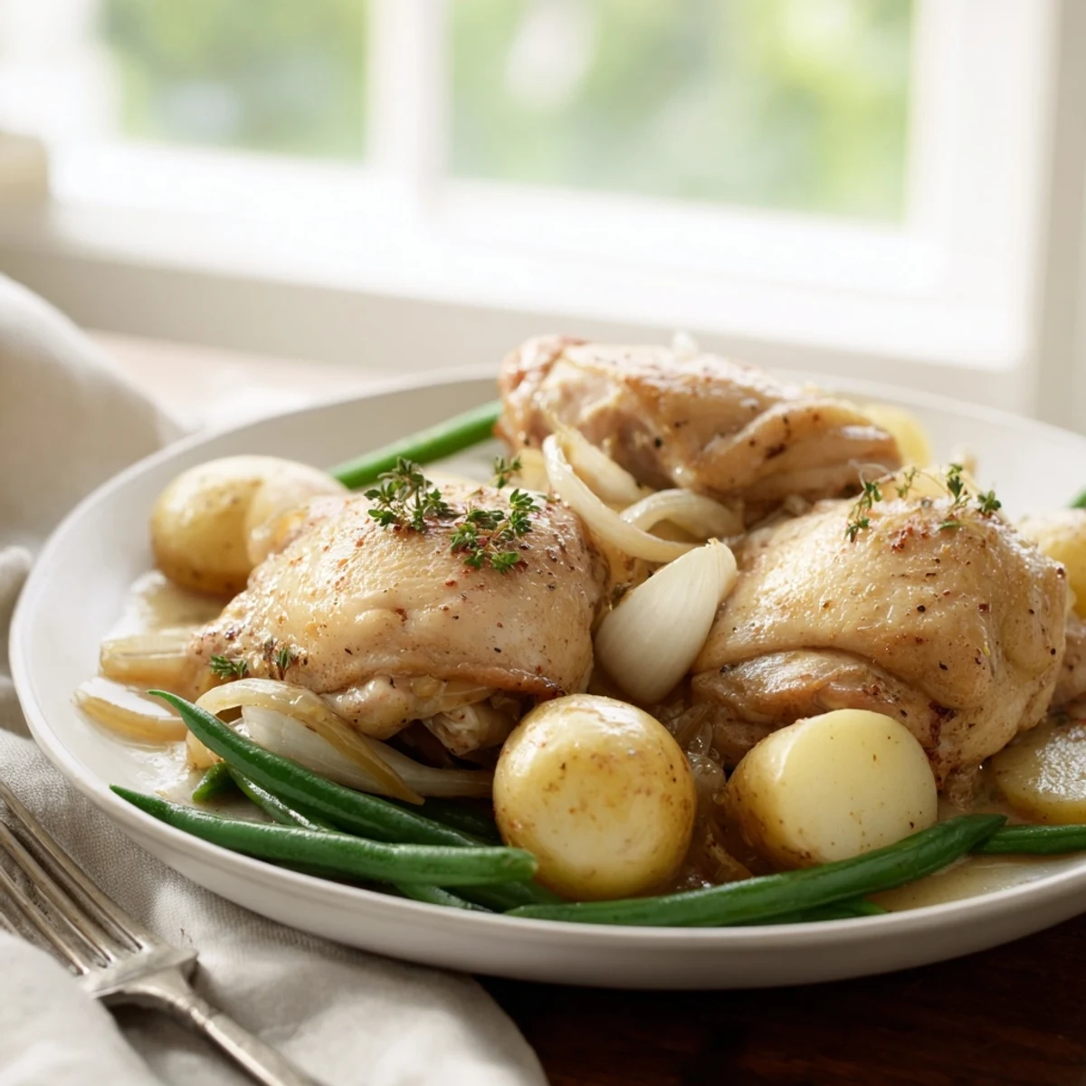 Tender slow cooker chicken and potatoes with green beans seasoned with herbs and lemon