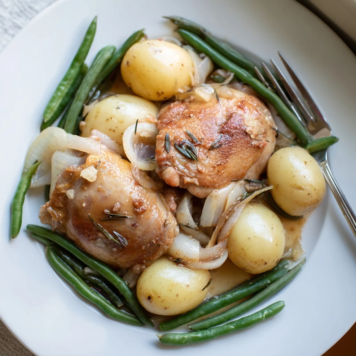 Comforting one-pot meal featuring juicy chicken thighs with vegetables in a rich savory sauce