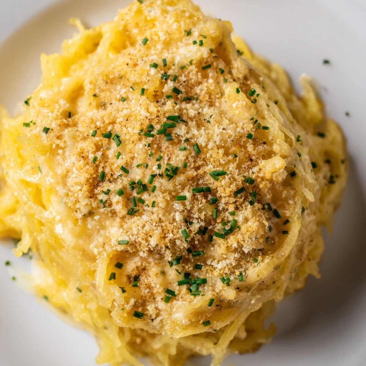 Creamy spaghetti squash mac cheese topped with golden breadcrumbs and fresh chives in a white baking dish