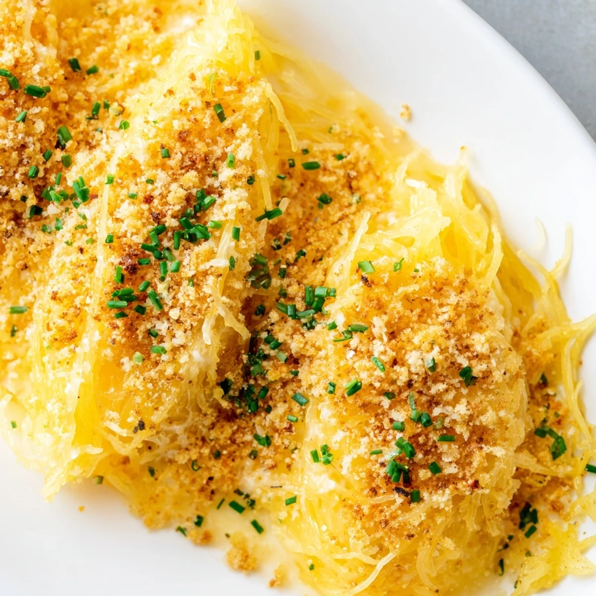 Golden strands of roasted spaghetti squash coated in rich cheddar Gruyère cheese sauce with crispy Parmesan breadcrumb topping