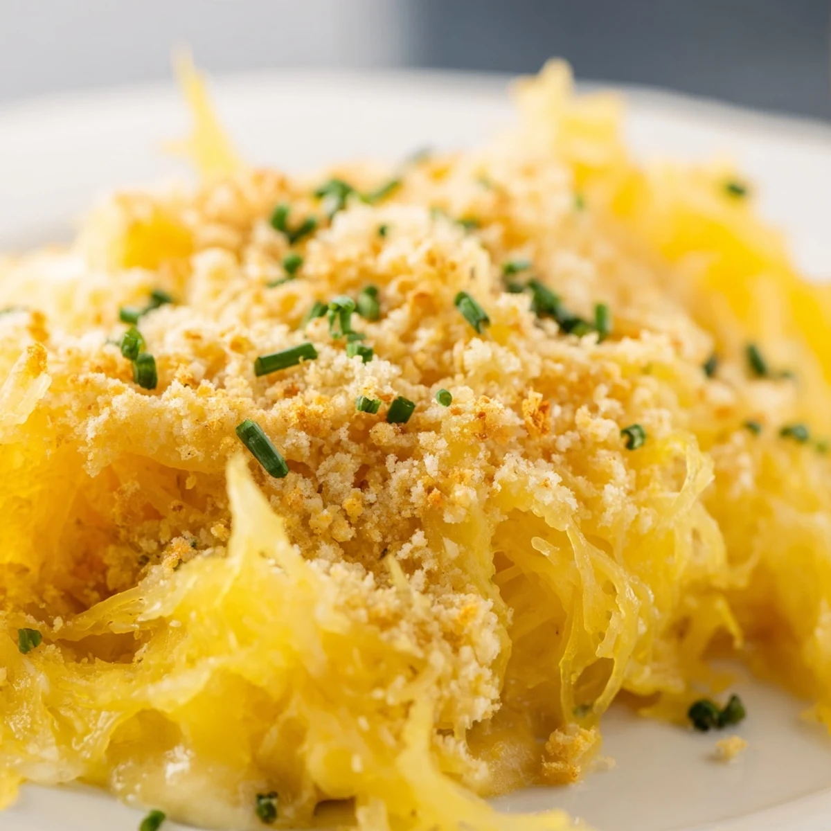 Comforting spaghetti squash mac and cheese bubbling hot with melted cheese layers and green parsley garnish