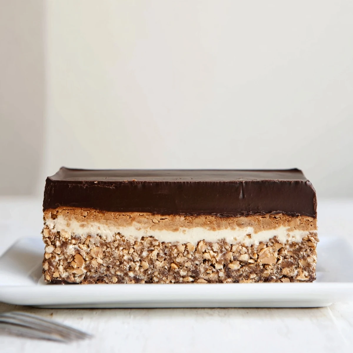 No-bake peanut butter bars topped with smooth dark chocolate and served on a white plate