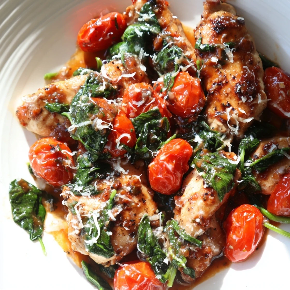 Golden brown chicken breasts nestled in a creamy white wine sauce with fresh tomatoes and wilted spinach