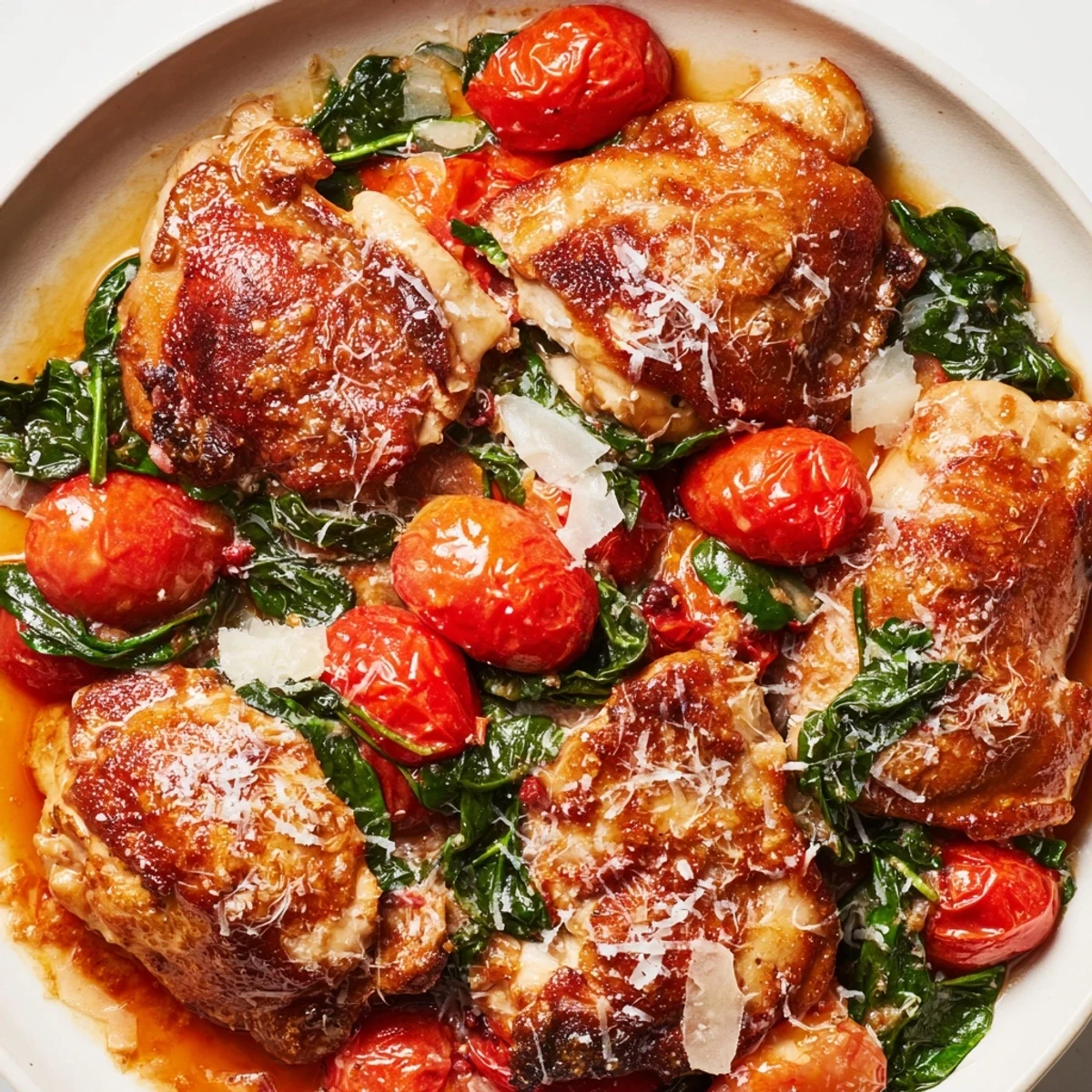 Savory tomato spinach white wine chicken served hot with melted parmesan cheese over a rustic skillet