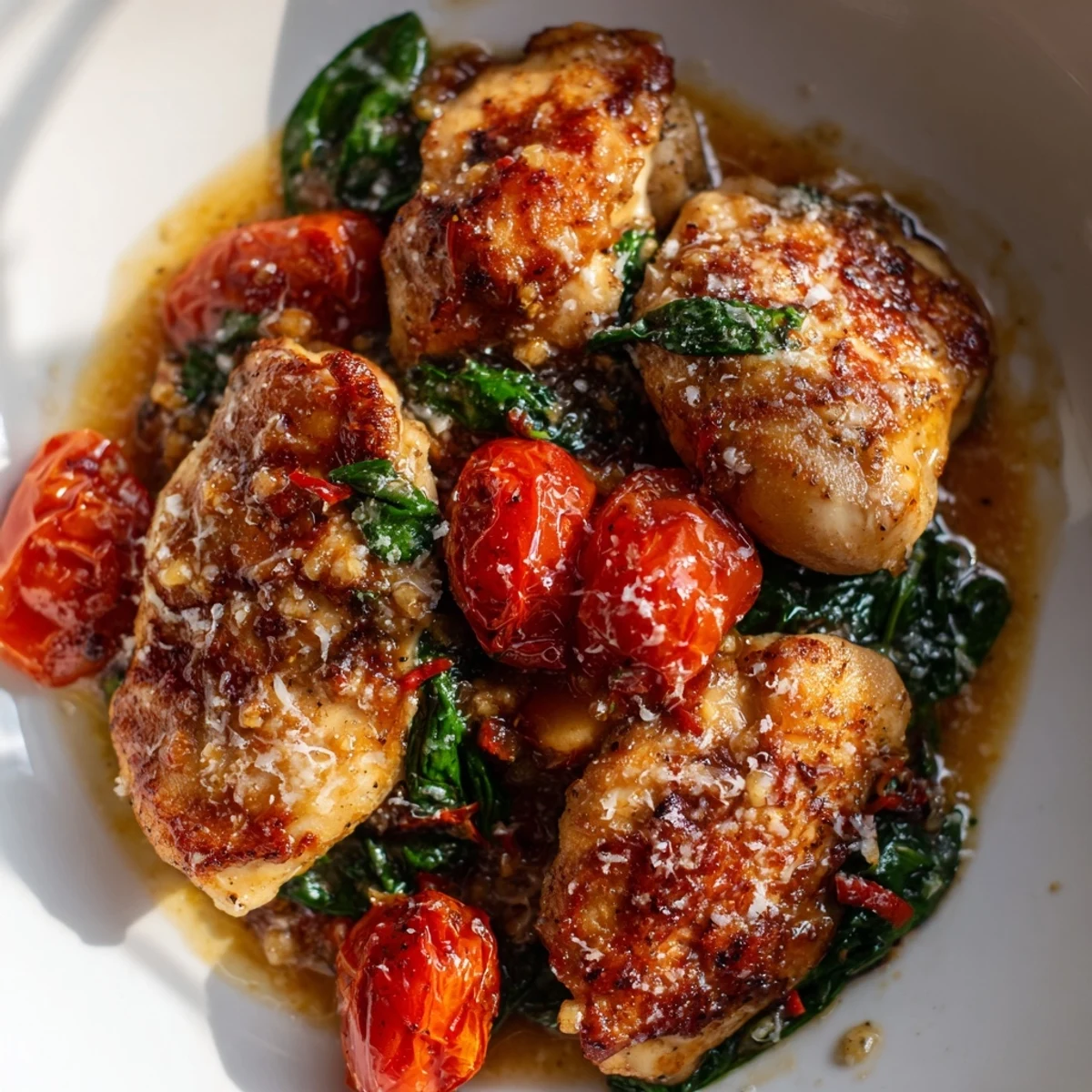 Tender chicken simmered in aromatic white wine broth with juicy cherry tomatoes and vibrant green spinach leaves