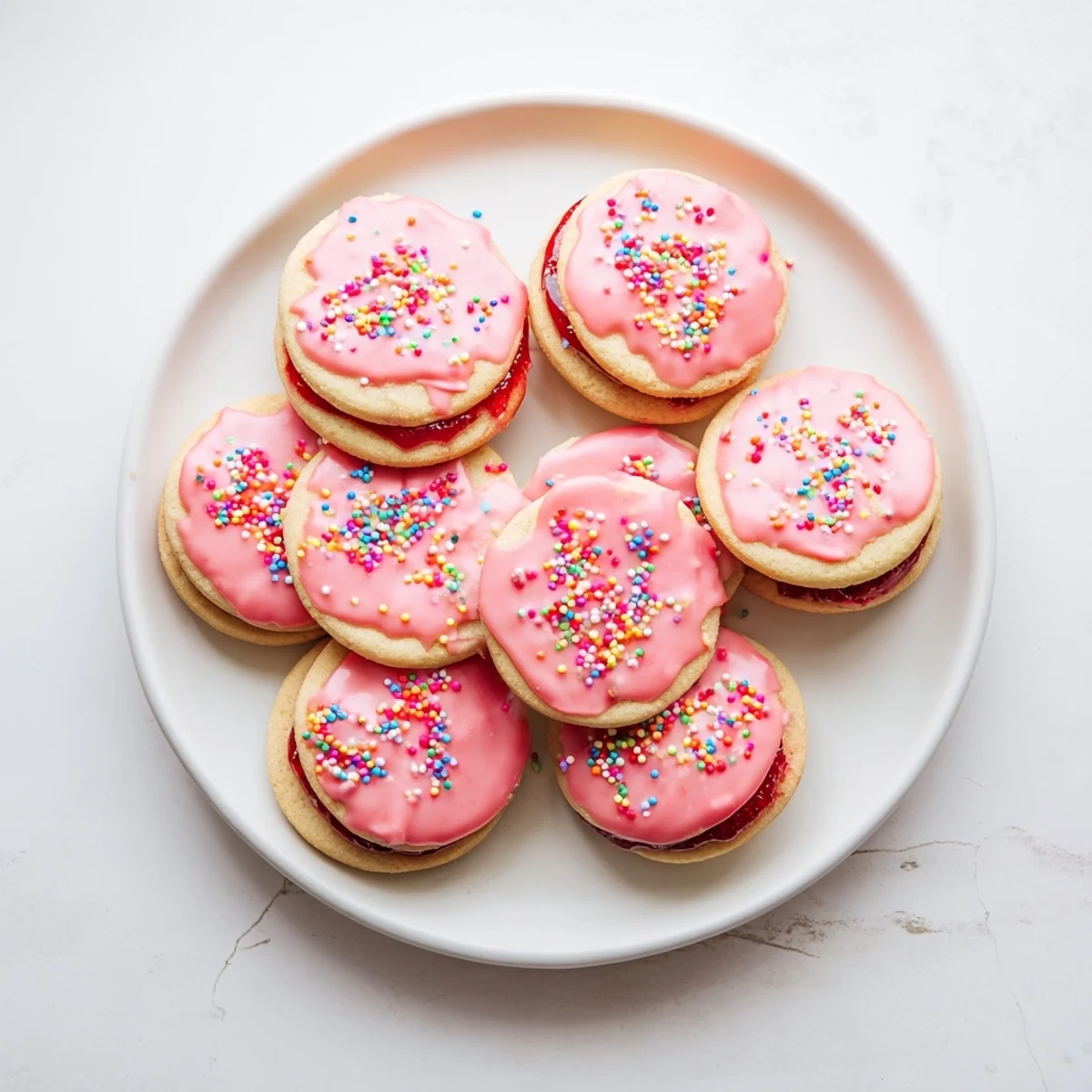 Golden strawberry Pop Tart cookies topped with pink glaze and rainbow sprinkles on a white plate