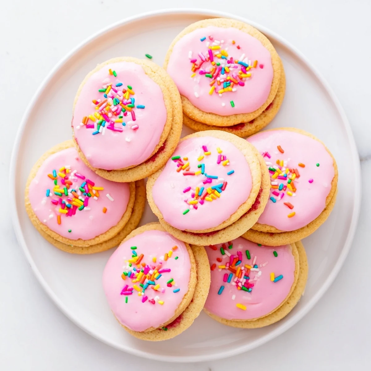Nostalgic strawberry Pop Tart cookies drizzled with vanilla glaze and finished with bright rainbow sprinkles