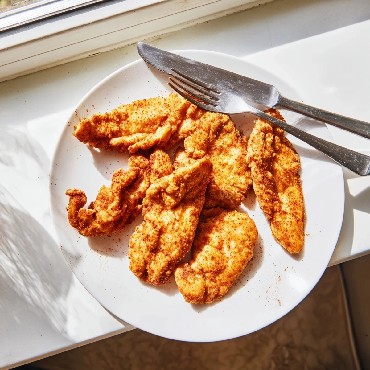 Homemade fried chicken breast resting on paper towels after frying to golden perfection
