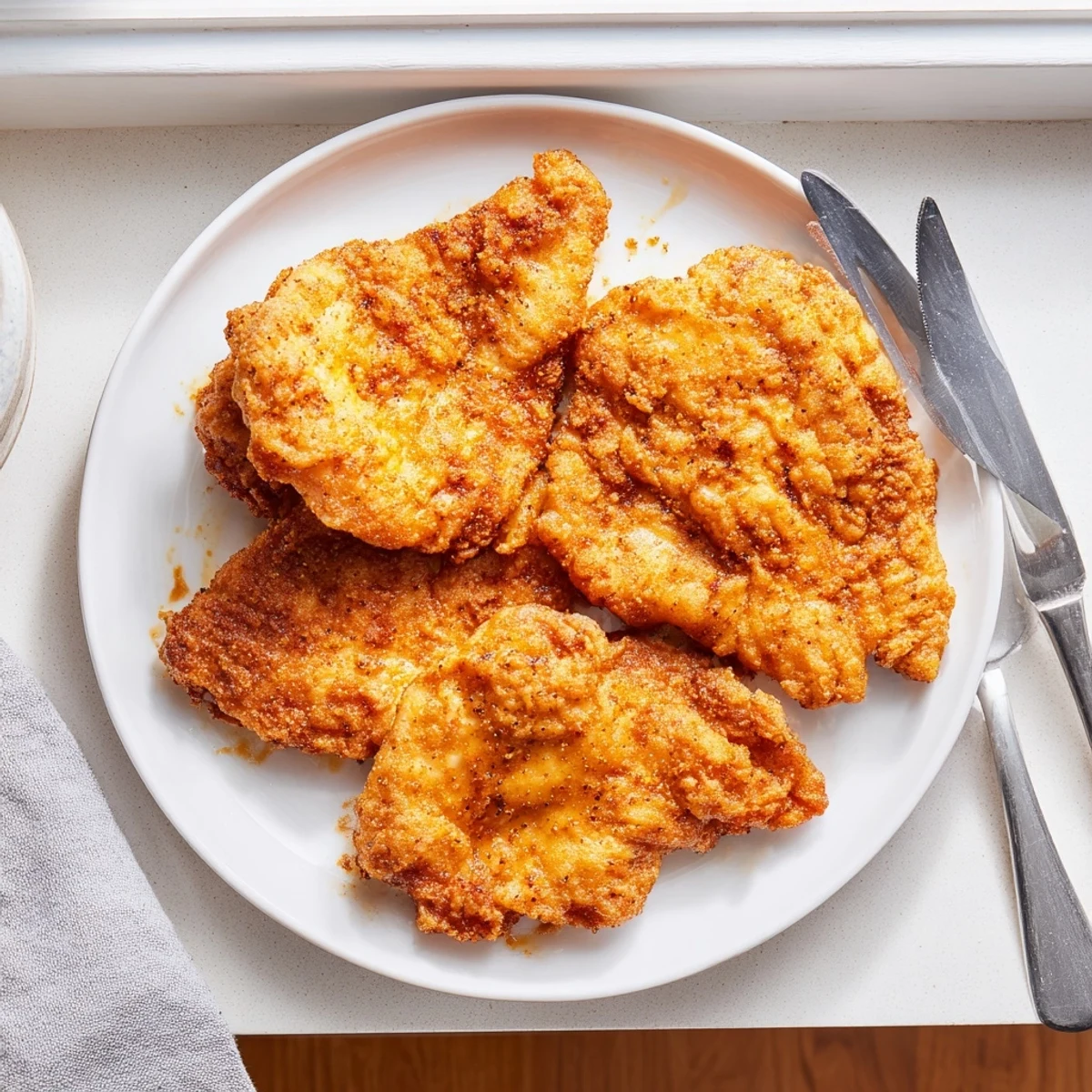 Golden brown fried chicken breast with crispy coating and juicy tender meat inside
