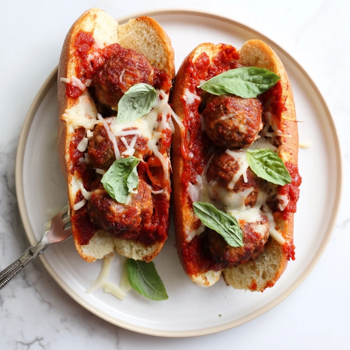 Toasted cheesy meatball subs loaded with juicy beef meatballs and melted mozzarella cheese