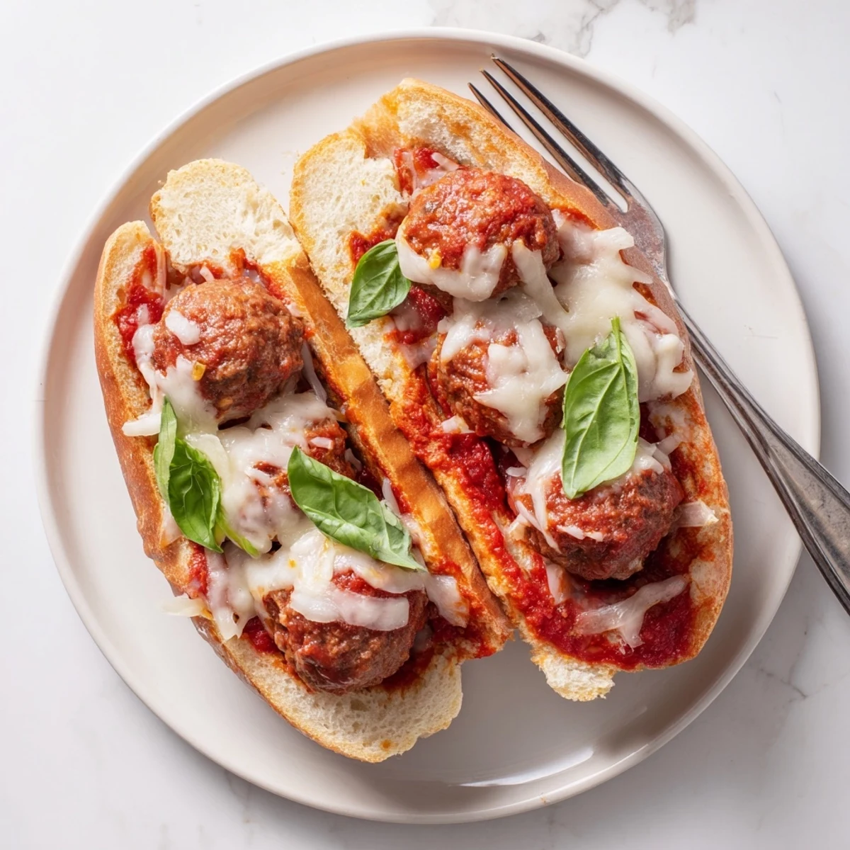 Italian-American meatball sub sandwich with savory sauce and gooey melted cheese topping