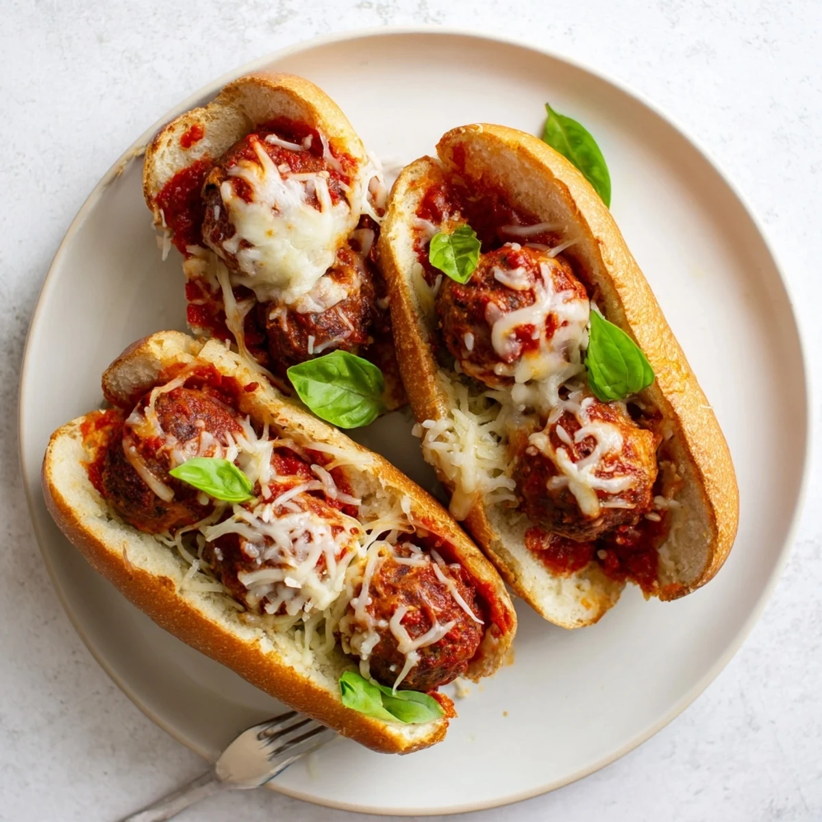 Golden sub roll stuffed with meatballs in rich tomato sauce and bubbly cheese
