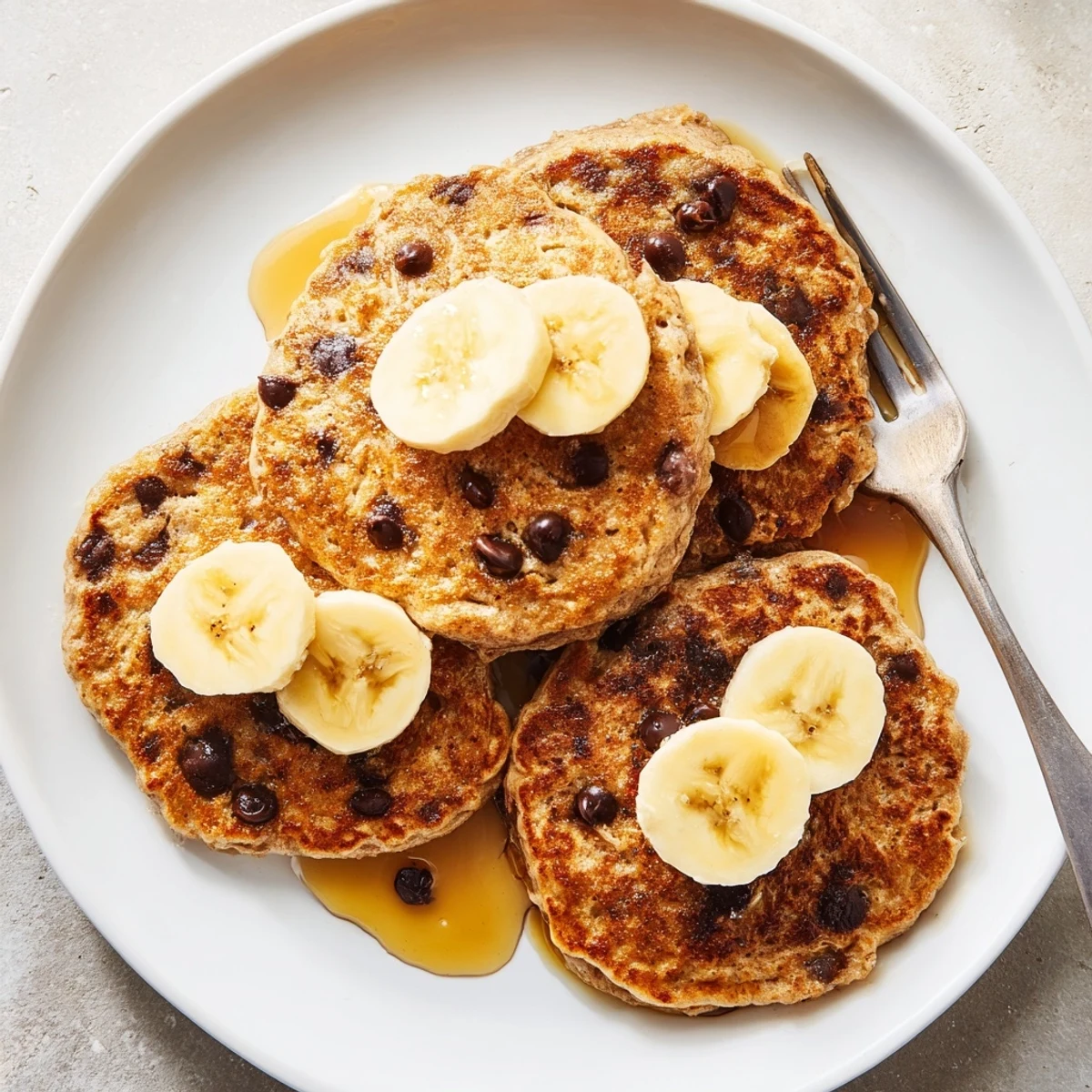 Fluffy protein banana pancakes drizzled with maple syrup on a white plate