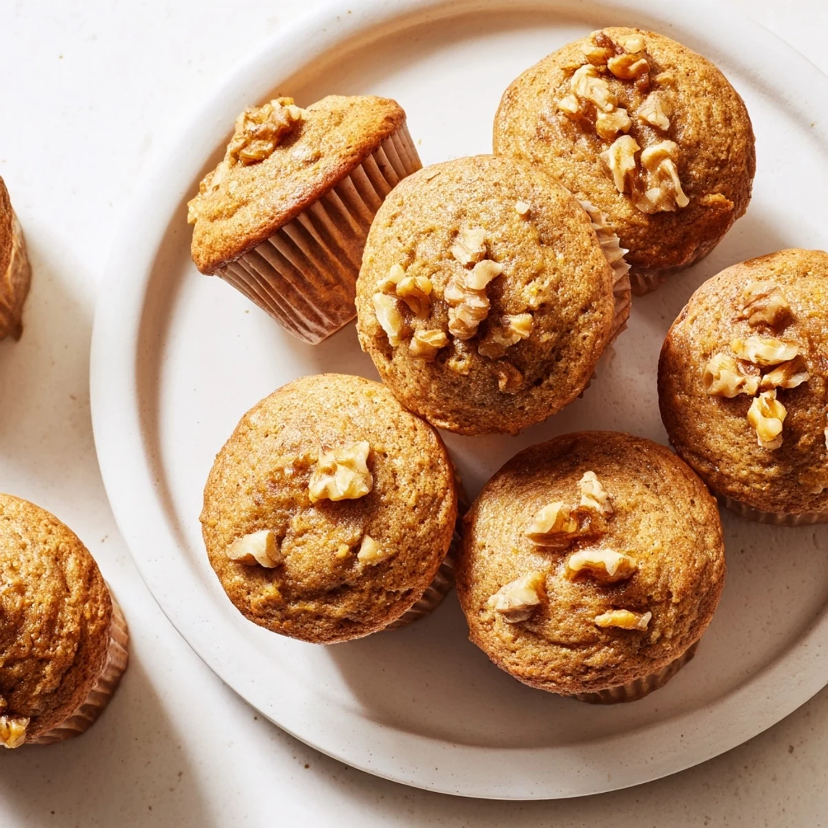 Golden butternut squash banana muffins topped with chopped walnuts, fresh from the oven