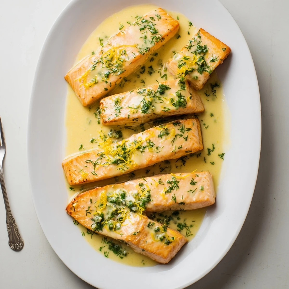 Golden pan-seared salmon fillets drizzled with velvety lemon cream sauce and fresh dill garnish