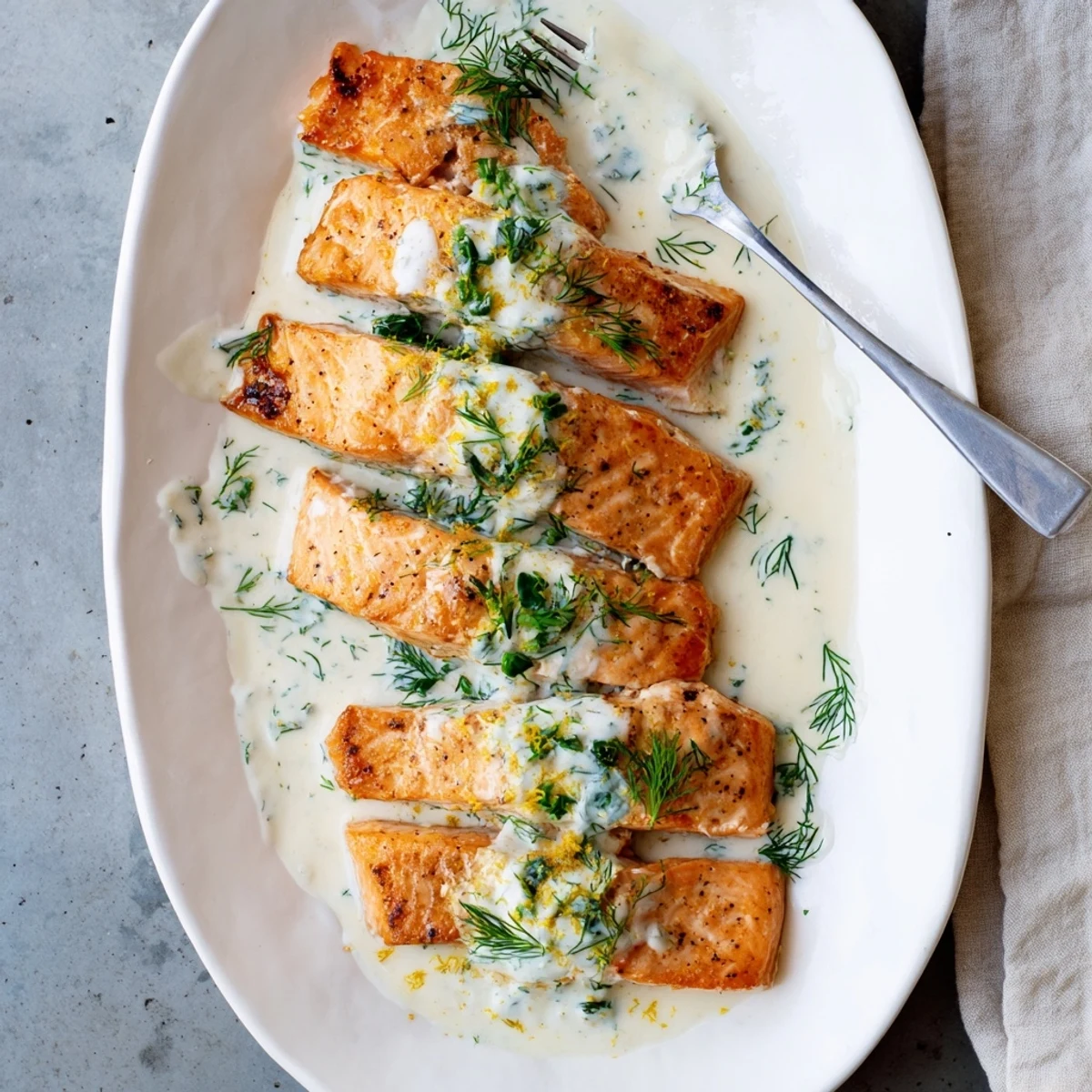 Tender salmon with lemon cream sauce served over white plate with herb and lemon accents