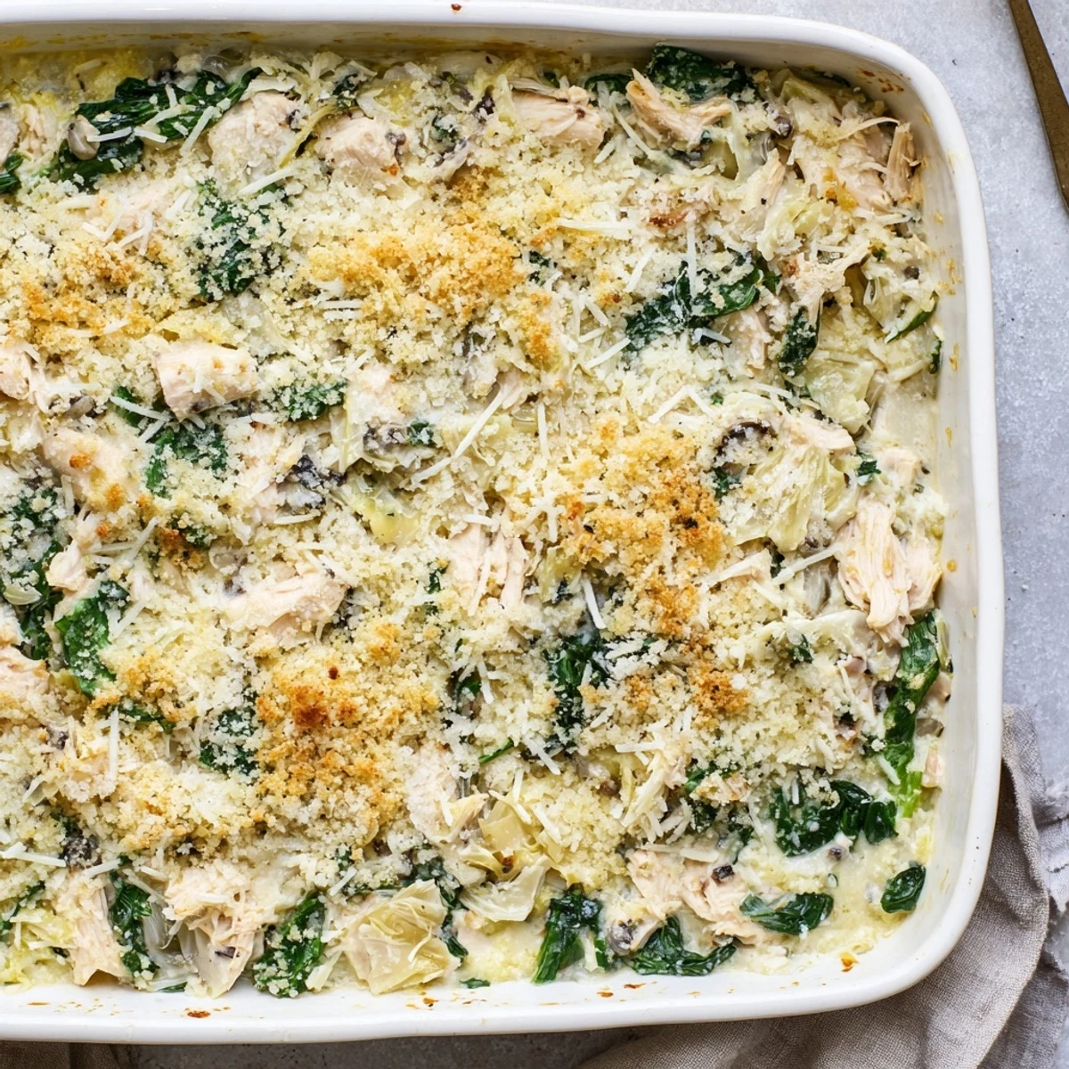 Savory spinach artichoke chicken casserole served piping hot with golden cheesy crust and spinach