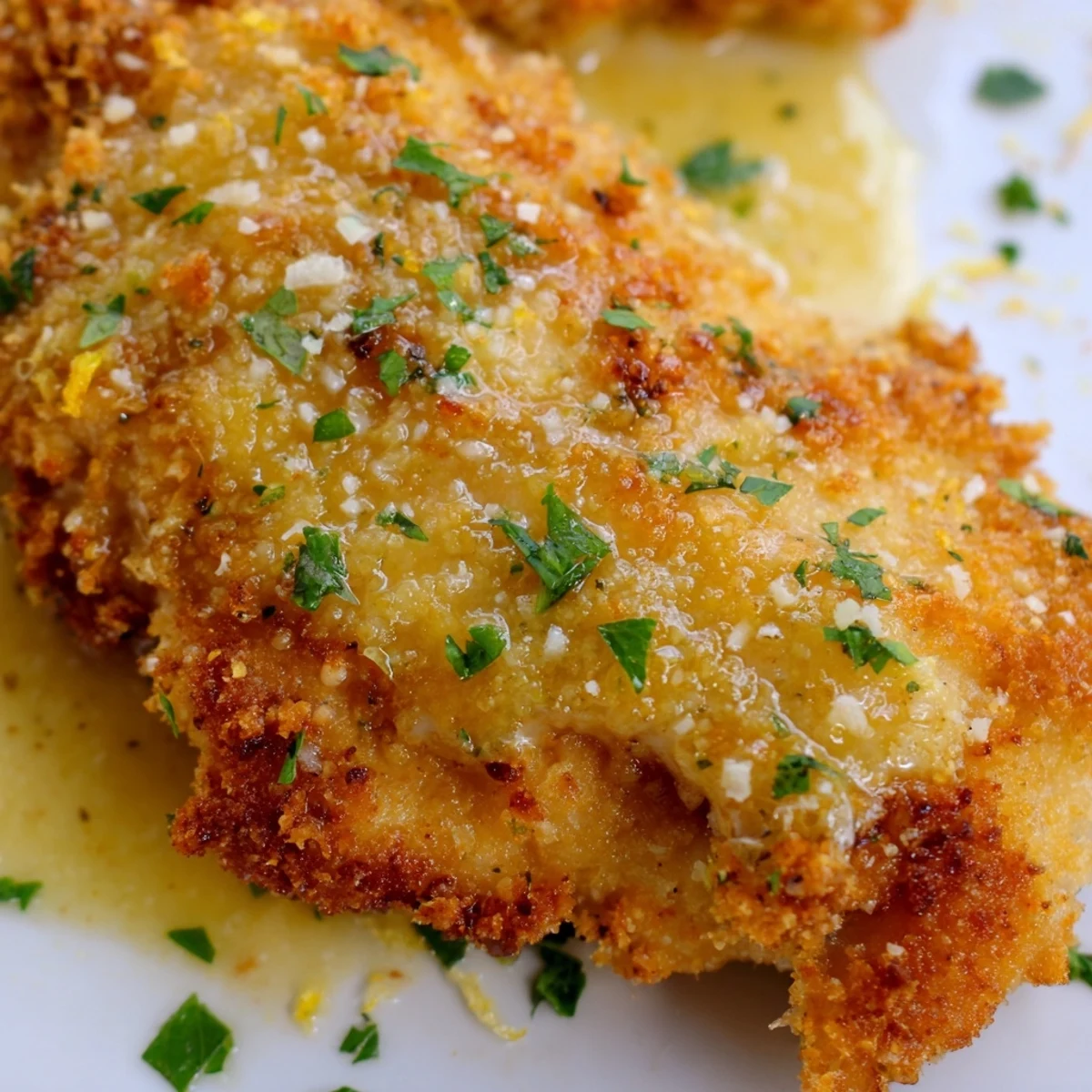 Golden lemon chicken Romano cutlets drizzled with zesty butter sauce and fresh parsley garnish