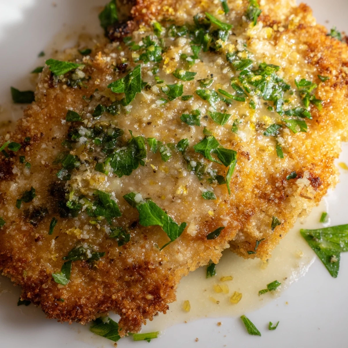 Crispy Romano crusted chicken breasts pan fried to perfection with bright lemon butter glaze