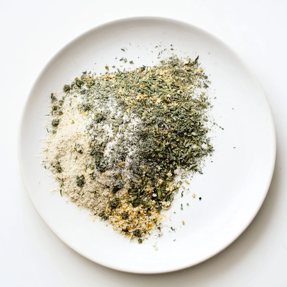 Homemade dehydrated tzatziki seasoning blend scooped into a clear spice jar with fresh herbs