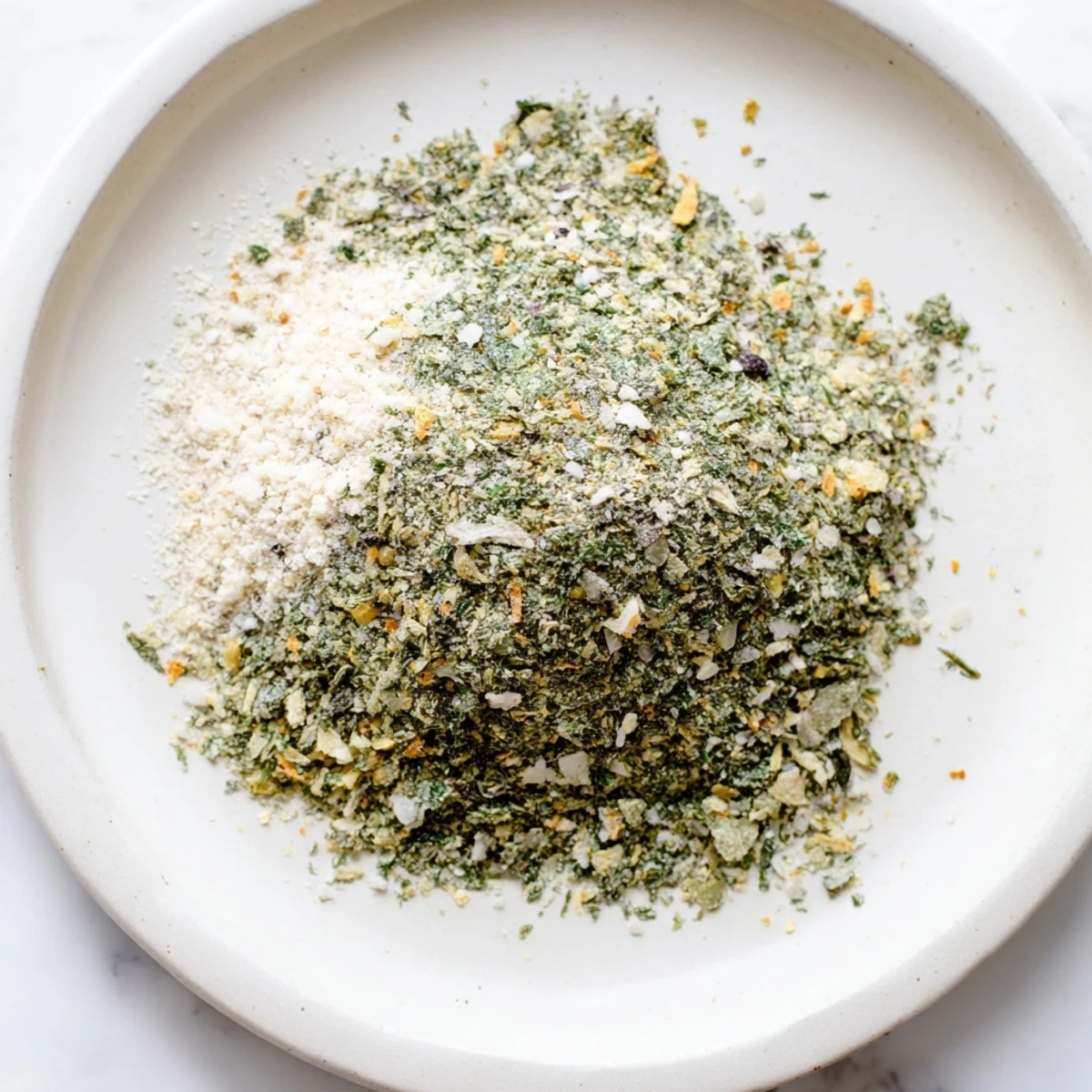 Greek-style dehydrated tzatziki seasoning mix displayed in an airtight container with aromatic dried herbs