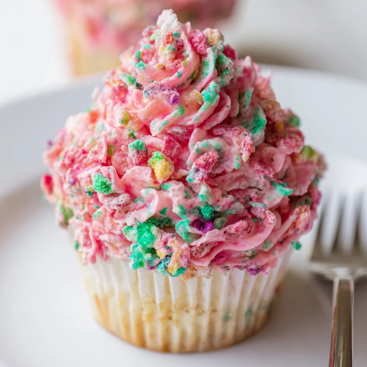 Vibrant Fruity Pebbles cereal frosting piped onto vanilla cupcakes with colorful cereal sprinkles