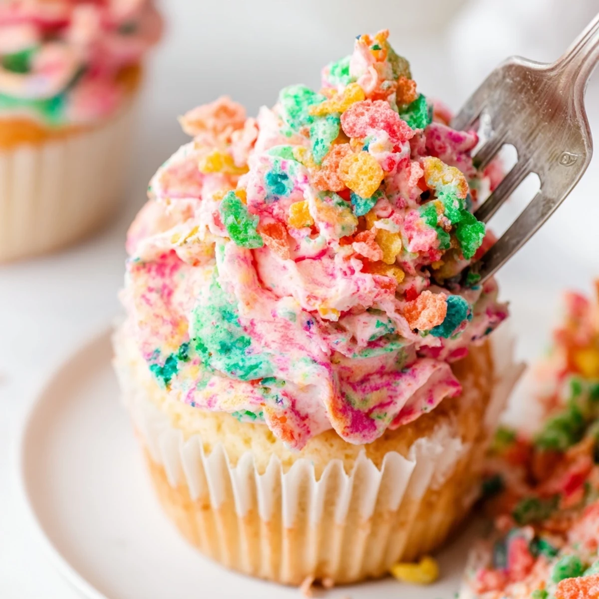 Thick creamy Fruity Pebbles frosting spread generously on a homemade chocolate cake slice