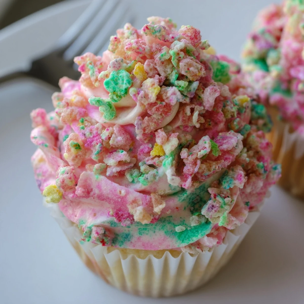 Rainbow-hued Fruity Pebbles buttercream frosting in a piping bag ready for decorating desserts