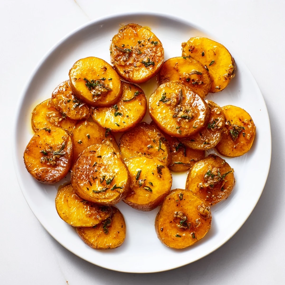 Golden brown garlic roasted radishes arranged on a white serving platter with fresh parsley garnish